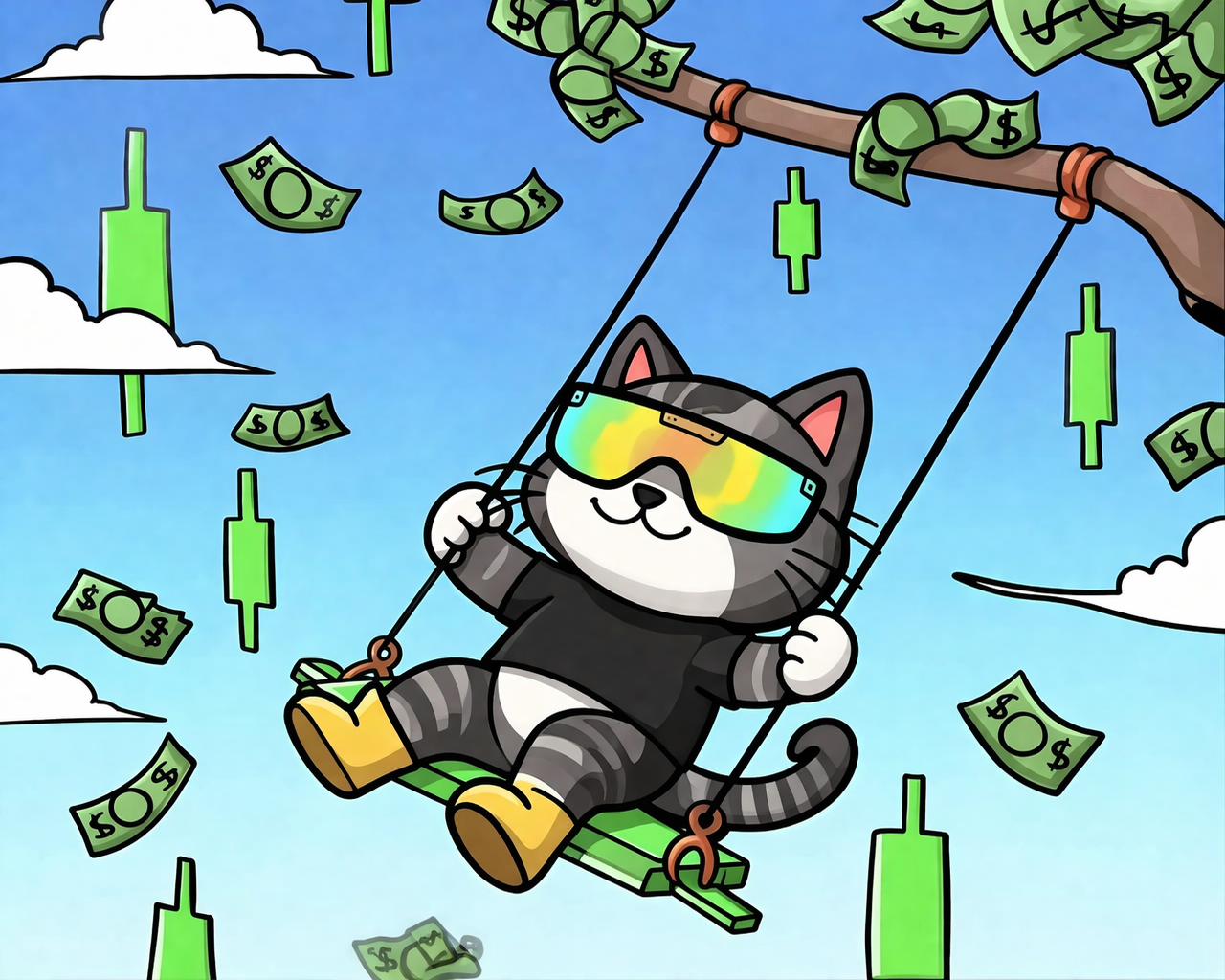 DINO the dinosaur swinging through stacks of money