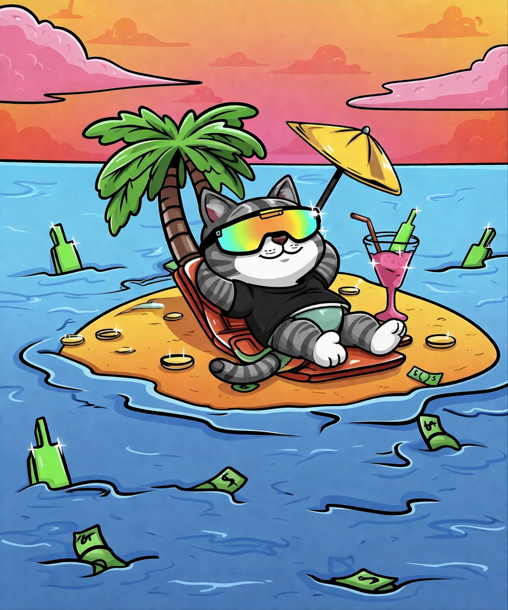 DINO the dinosaur relaxing on a tropical island with palm trees