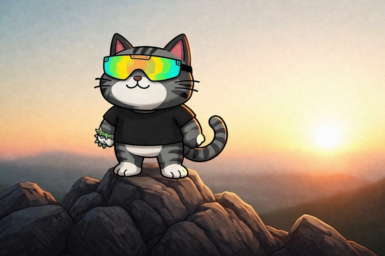 DINO the dinosaur standing proudly on a mountain peak